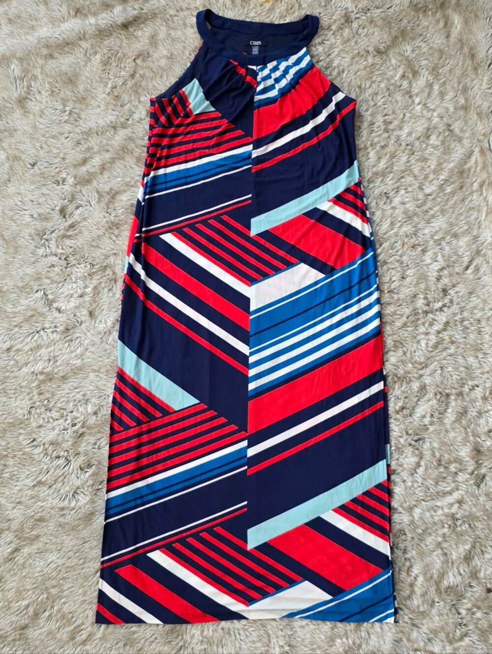 Chaps Navy, Red & Light Blue Geometric Sleeveless Maxi Dress Women's Petite XL